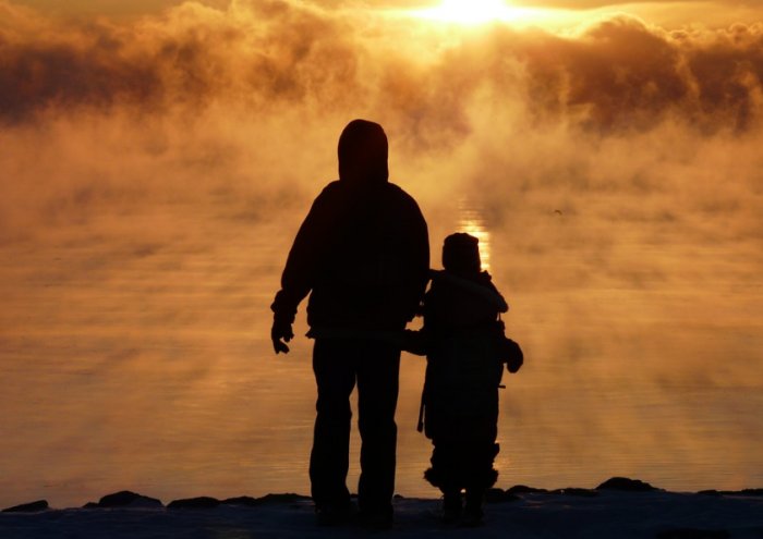 Fog Mist Golden Sunrise Lake Father Son Family